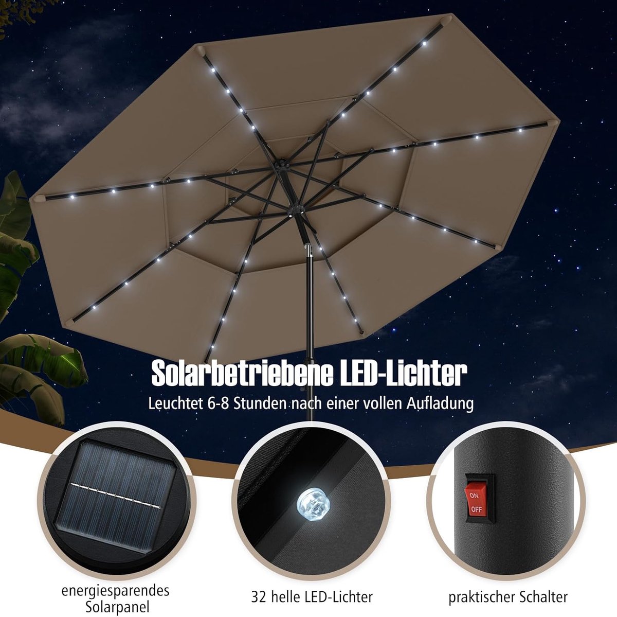 Stokparasol met LED verlichting op zonne-energie - Bellavero 300 cm Ronde Tuinparasol Donkerbruin, 32 LED-lampjes, 3-Laags Ventilatie, 35° Kantelbaar, Windbestendig, Met Zwengel voor Balkon, Terras, Tuin & Horeca (9502465661853)