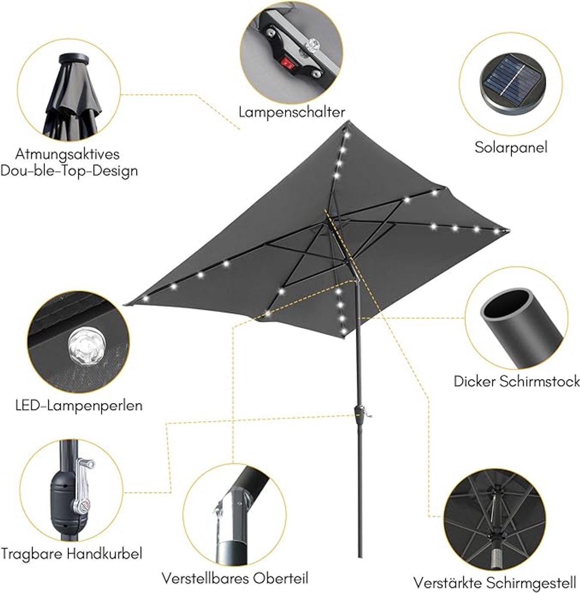 Stokparasol mit LED Ø200 cm - Depauwonen Taupe Gartenschirm, Kippbar & Kurbel, UV-beständig, Winddicht, Tragbar für Garten, Terrasse, Balkon, Pool & Outdoor - Afmetingen op aanvraag - Depauw (9509869477165)