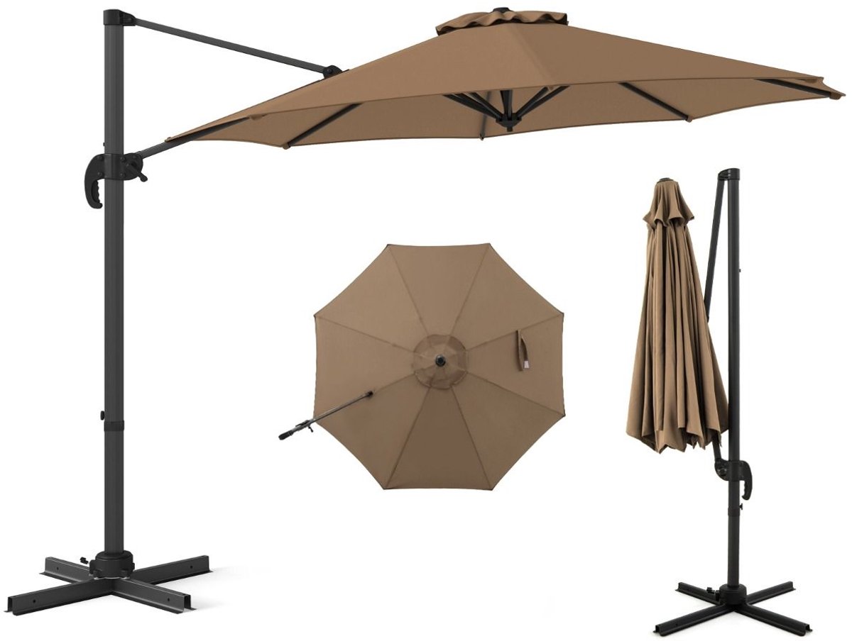 SureDeal® - Parasol - Ronde Terrasparasol Zweefparasol - Rotatie Kruisvormige Voet - 308x248 cm - Koffiebruin (9508422732116)