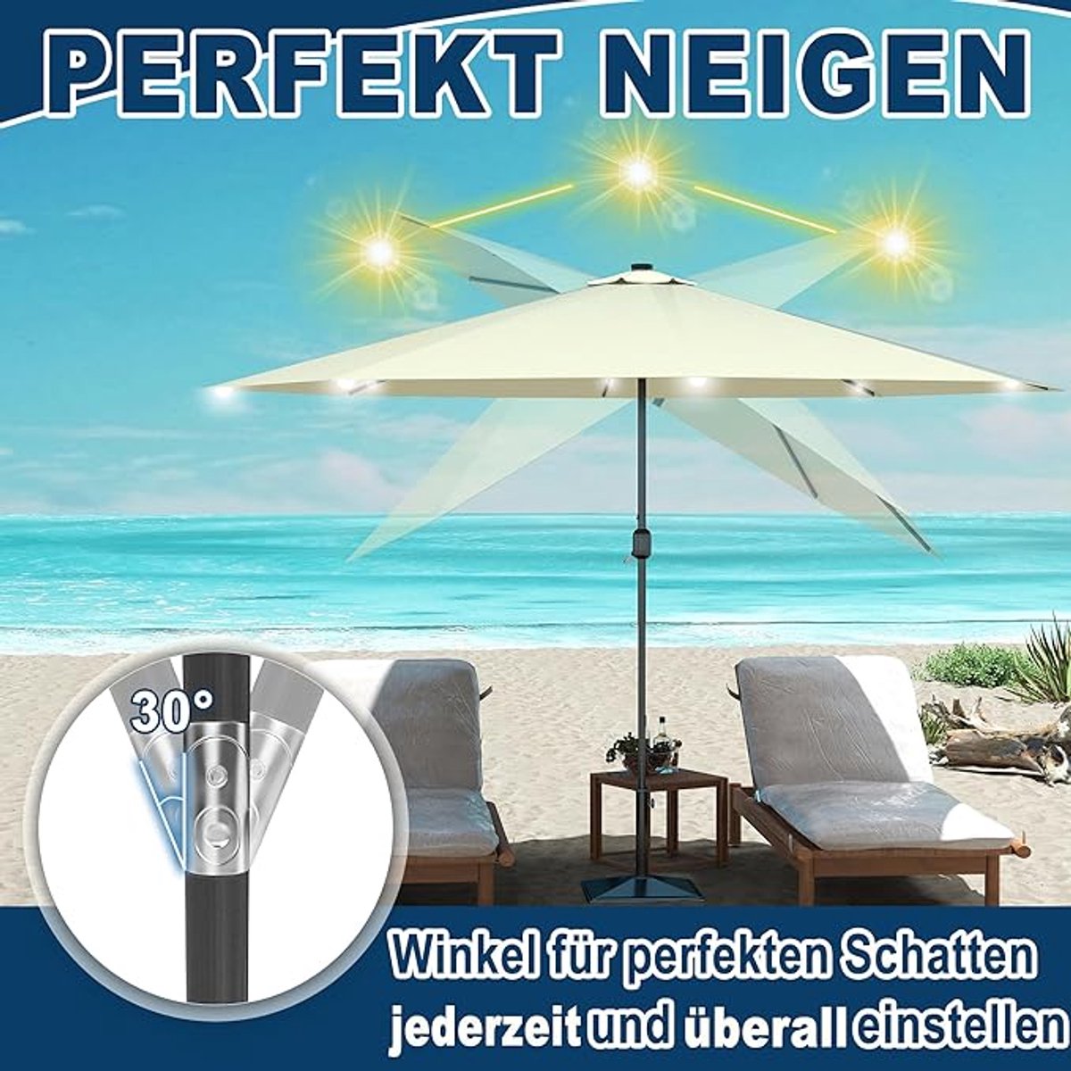 Tuinparasol Bellavero 2x3 m - Kantelbare Zweefparasol met LED-verlichting, UV-bescherming 30+, Waterafstotend, 6 Stalen Spaken, Vrijhangend, Terras, Tuin, Café en Strand - Grijs, Beige, Rood of Gro... (9501112219188)