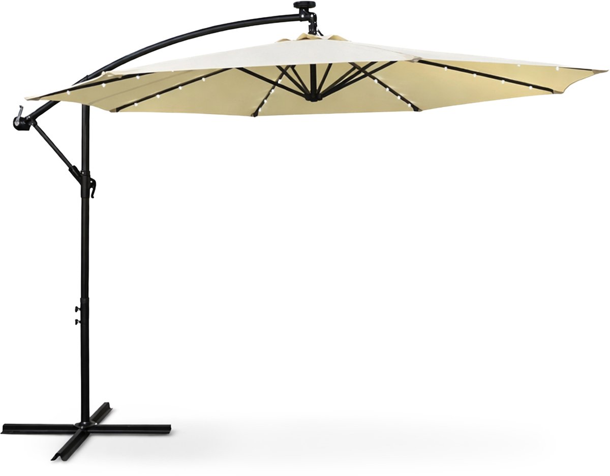 Tuinparasol MILIN met LED-verlichting / Zweefparasol Met Voet / Verstelbare Hoogte / UV-bescherming, Waterdicht / Beige / 300 x 300 x 245 cm (5901752857346)