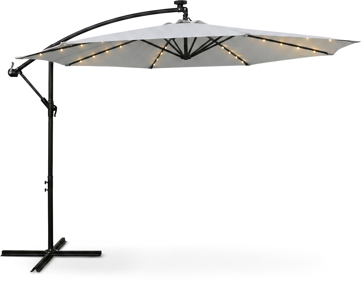 Tuinparasol MILIN met LED-verlichting / Zweefparasol Met Voet / Verstelbare Hoogte / UV-bescherming, Waterdicht / Lichtgrijs / 300 x 300 x 245 cm (5901752857353)