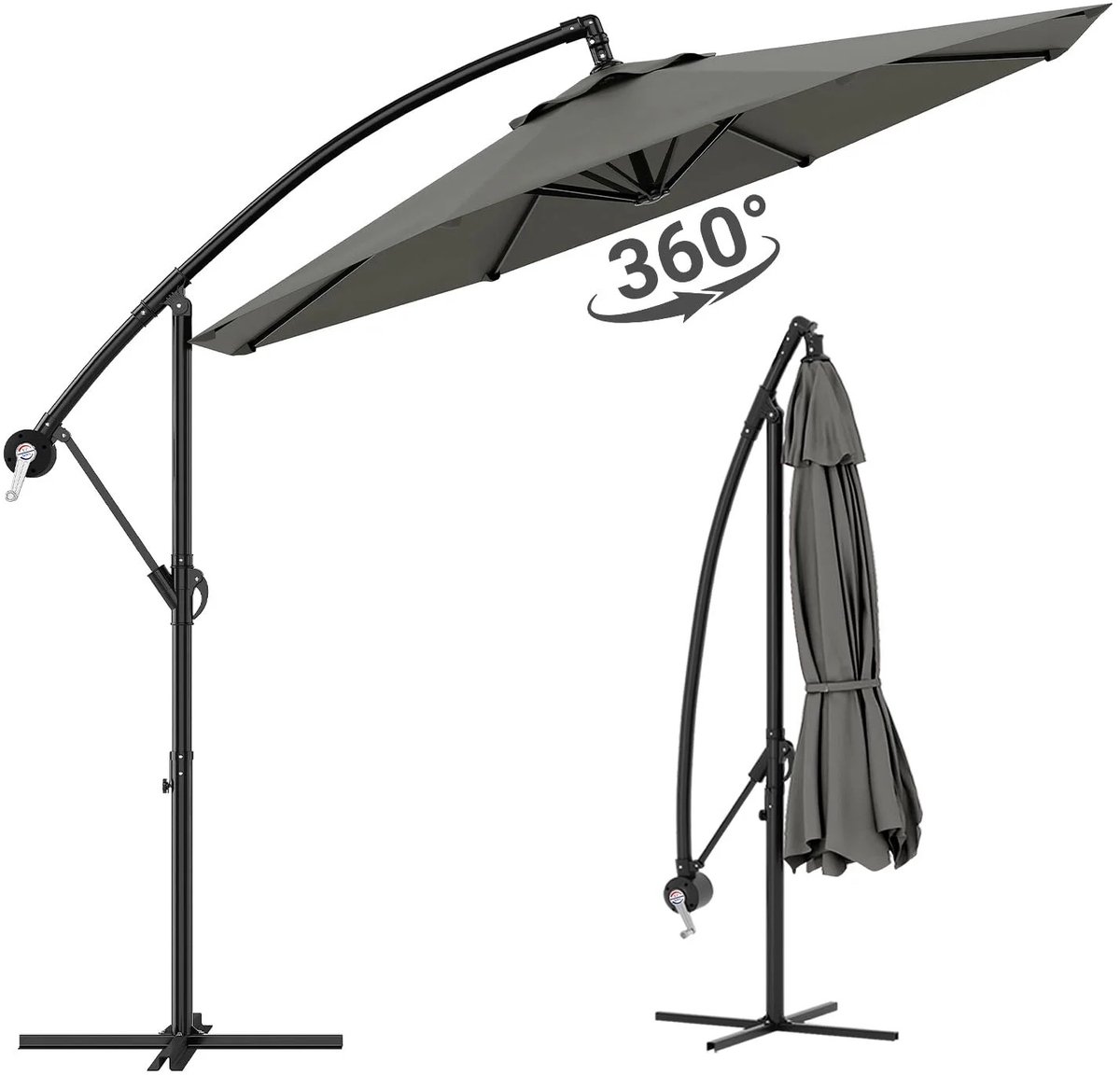 VIEMAE Parasol - Zweefparasol - Tuinparasol - Kantelbaar - 360° draaibaar - Waterafstotend - Versterkte kruisvoet - 300cm - Grijs (8721551492633)