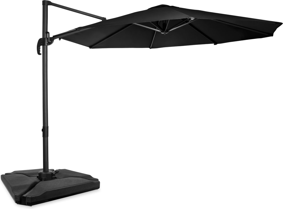 VONROC Premium Zweefparasol Bardolino Ø300cm - Incl. Vulbare tegels, kruisvoet & beschermhoes - Ronde parasol - 360 ° Draaibaar - Kantelbaar - UV werend doek - Zwart (8717479104888)