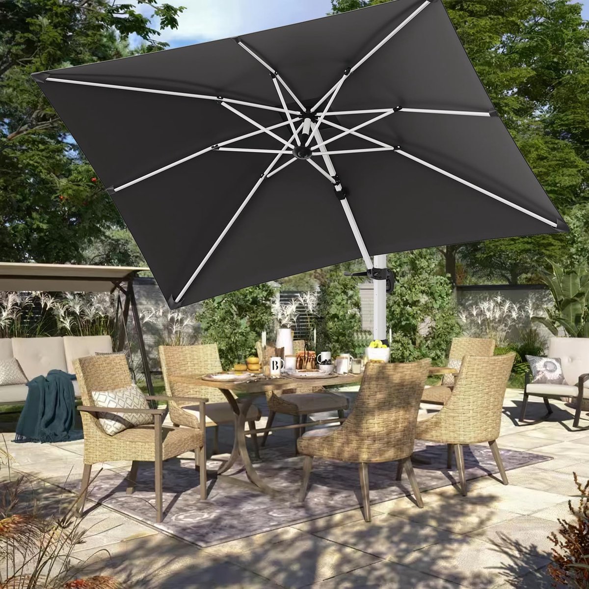 Valencia Grand XXL 360° Zweefparasol 300 x 400 cm - Luxe Rechthoekige Hangparasol met Kantelfunctie, Voetpedaal en Beschermhoes - Grijs (9502114666772)