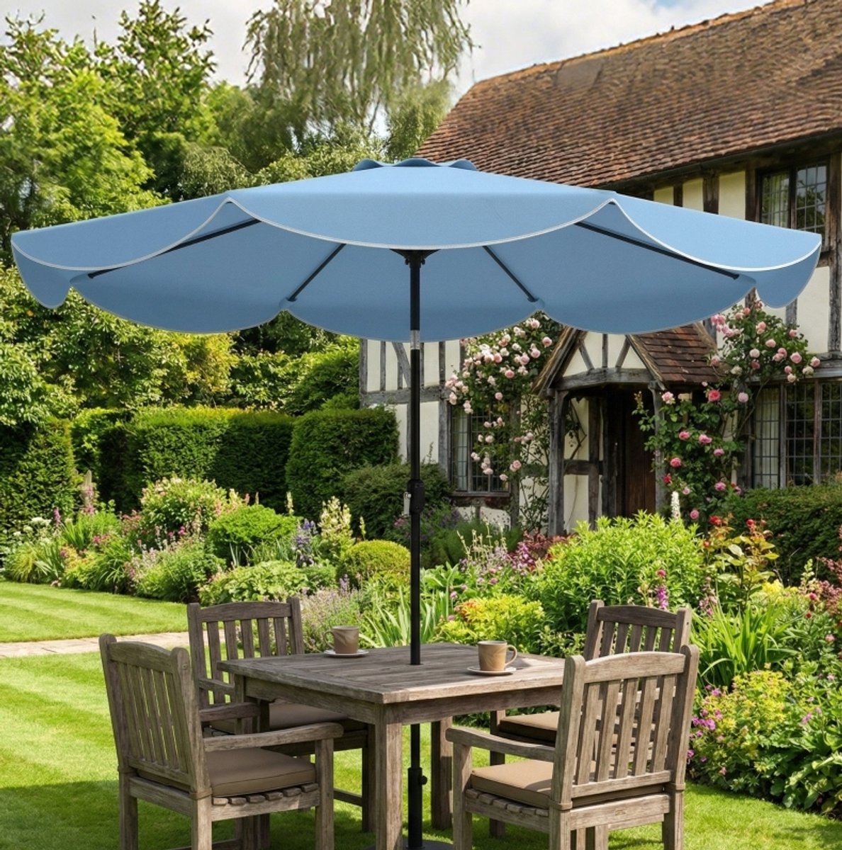 Wishdor Ronde stokparasol - 3-voudig kantelbaar - Met kurbel - Metalen frame - Voor balkon en tuin - hemelsblauw - Ø265 x 235 cm (4070904393849)