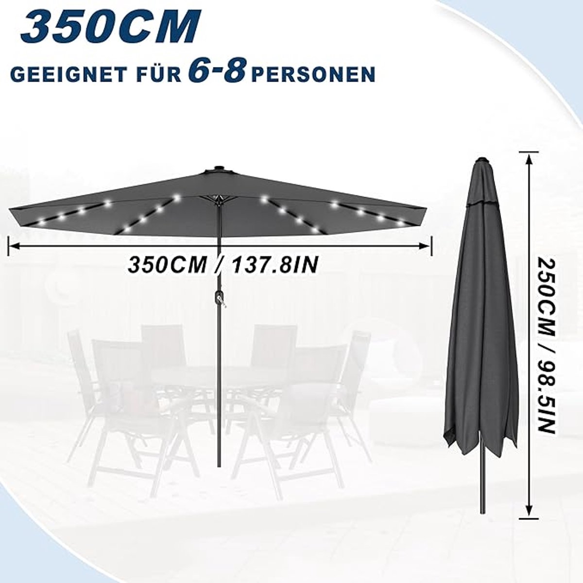 Zweefparasol 225x225 cm Groen - Bellavero Luxe Sonnenscherm met LED Verlichting, Kantelbaar & Kurbelfunctie - UV-Bescherming, Waterafstotend, Stevige Stalen Mast - Tuin, Balkon & Terras - Bellavero (9509661736453)