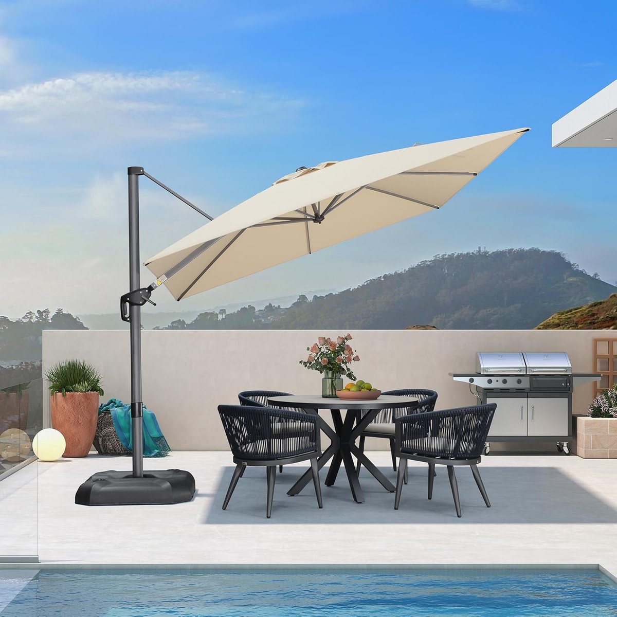 Zweefparasol 270x270 cm XXL Rechthoekig Tuinparasol UV-bestendig 240 g/m² Polyester 360° Draaibaar 5-standen Kantelbaar Aluminium Frame met Slingermechanisme & 8 Ribben - Mobili Bella (9509679513541)