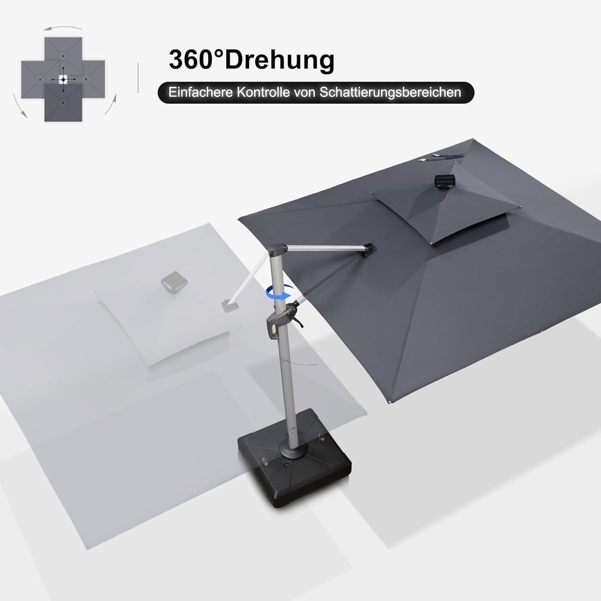 Zweefparasol 270x270 cm met LED Solar Verlichting, 360° Draaibaar, Inclusief Parasolvoet, UV50+ Waterafstotend Aluminium - Grijs | Laura (9505933116749)