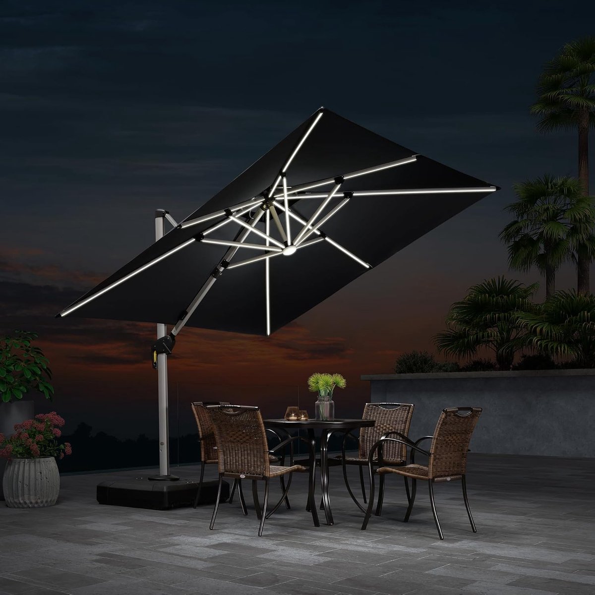 Zweefparasol 270x270 cm met LED Solar Verlichting, 360° Draaibaar, Inclusief Parasolvoet, UV50+ Waterafstotend Aluminium - Grijs | Laura (9507916628850)