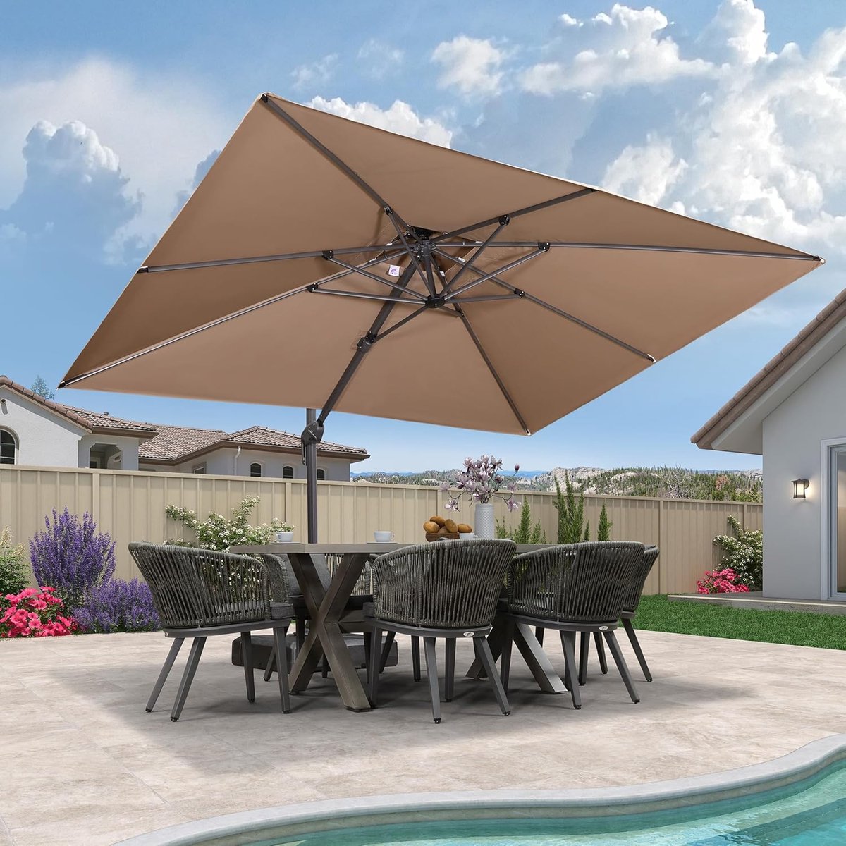 Zweefparasol 270x365 cm Rechthoekig XXL - 360° Draaibaar, Kantelbaar, UV50+ Zonwering, Waterdicht, Dubbel Dak, Met Parasolvoet - Beige | Laura (9505841469623)