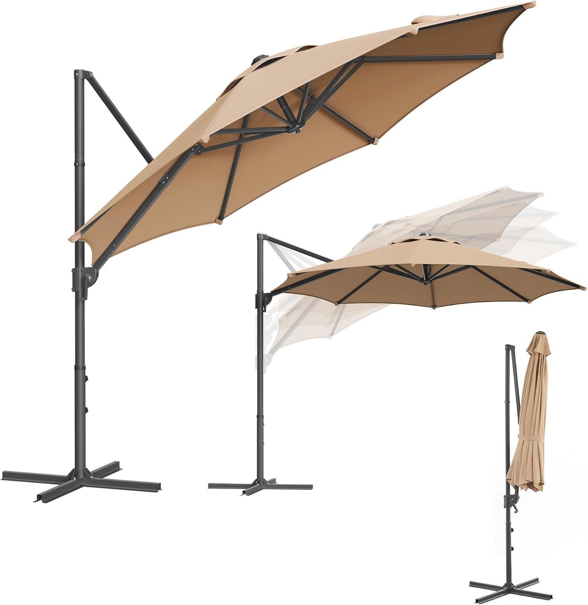 Zweefparasol 300 cm 360° Draaibaar & Traploos Kantelbaar - UPF 50+ UV Bescherming - Inclusief Kruisvoet & Zwengel - Grote Tuinparasol voor 6-8 Personen - Camelbruin - Nicolehome (9505651688658)