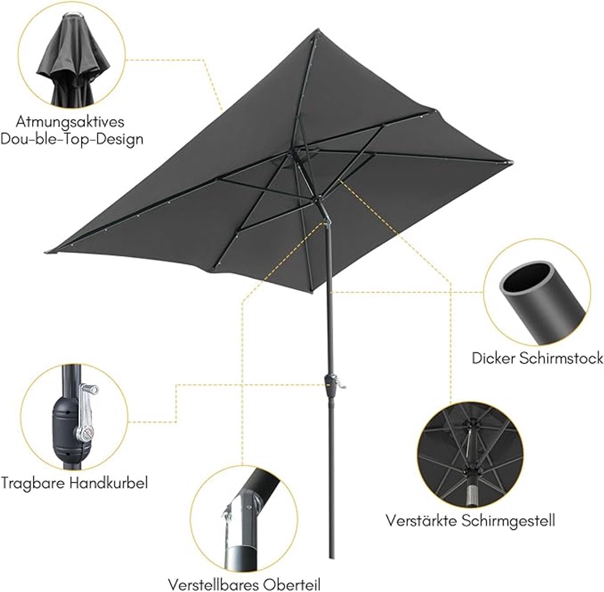 Zweefparasol 300 cm Bellavero met 32 LED-lampjes op Zonne-energie | Draaibaar & In Hoogte Verstelbaar | Terrasparasol met Zwengel, Kruisvoet & UV-bescherming | Luxe Tuin-, Patio- en Balkonparasol -... (9509348794615)