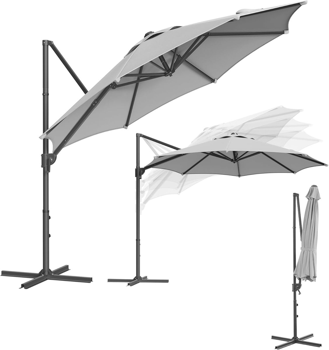 Zweefparasol 300 cm Ø - 360° Draaibaar & Traploos Kantelbaar - UPF 50+ UV Bescherming - Grote Tuinparasol met Zwengel & Stabiele Kruisvoet - Duifgrijs - Nicolehome (9501716524411)