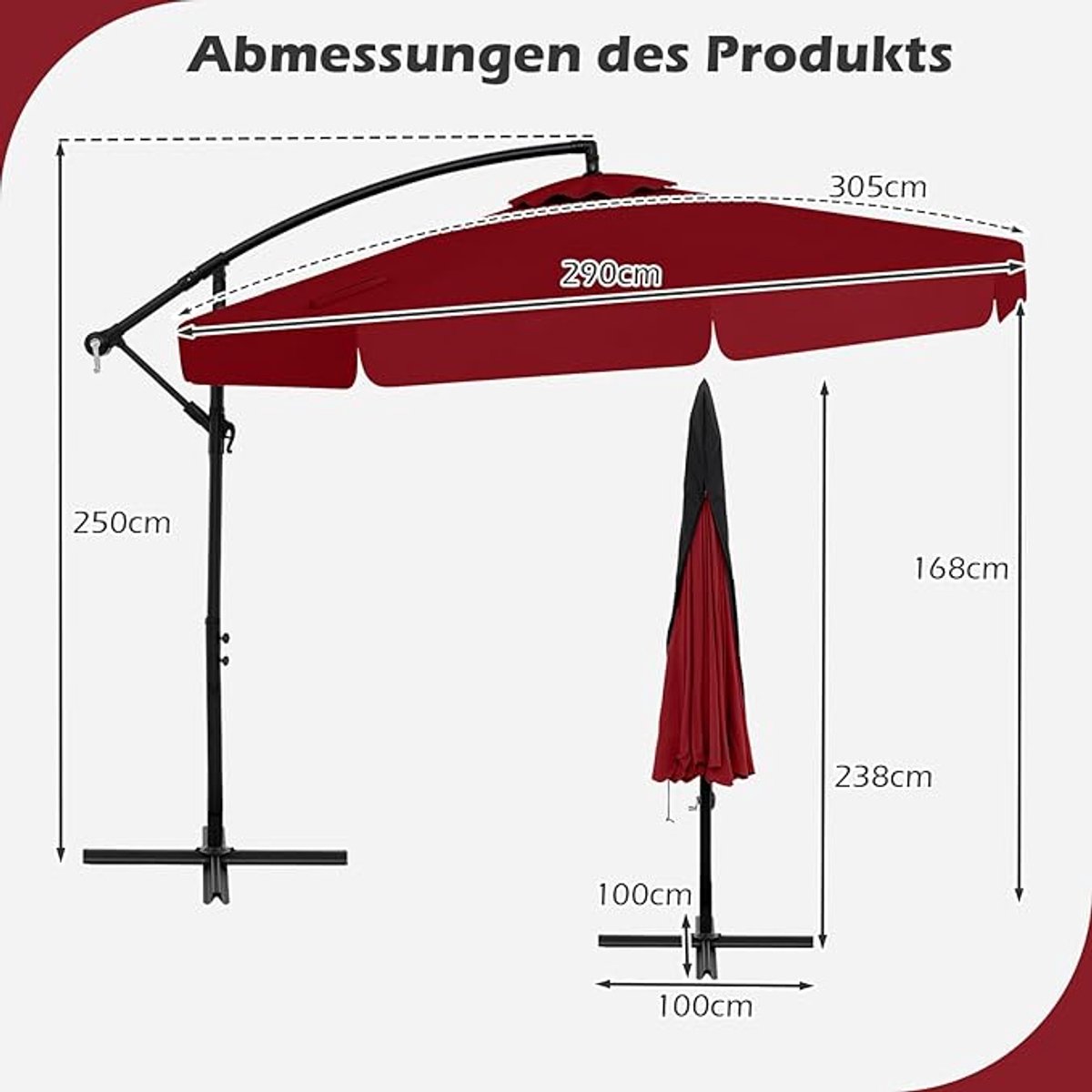 Zweefparasol 300 cm Ø300 x 250 cm met beschermhoes en zwengel - kantelbaar 0-35°, waterafstotend polyester, 8 metalen ribben, luxe tuin- en terrasparasol - Mobili Bella (9506577318995)