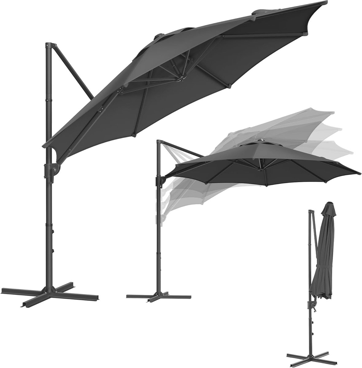 Zweefparasol 300 cm Rond - 360° Draaibaar & Kantelbaar (0-60°) - UPF 50+ UV Bescherming - Met Zwengel & Kruisvoet - Stalen Frame - Tuinparasol Grijs - Nicolehome (9504125774750)