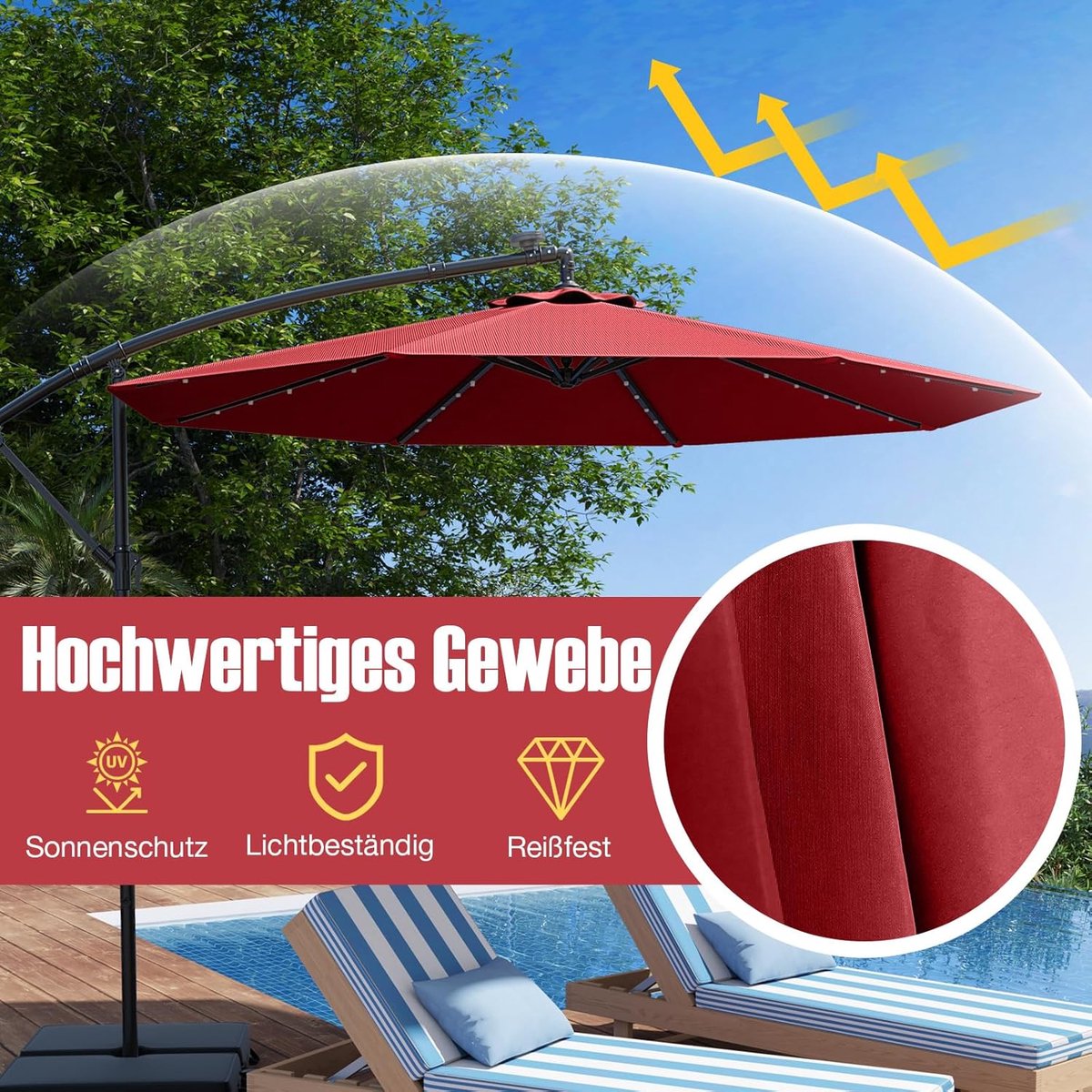 Zweefparasol 300 cm met 40 LED verlichting op zonne-energie - Kantelbaar met zwengel, inclusief standaard en zandzakken - UV-bescherming, waterafstotend, achthoekig - Wijnrood - Nicolehome (9505359215354)