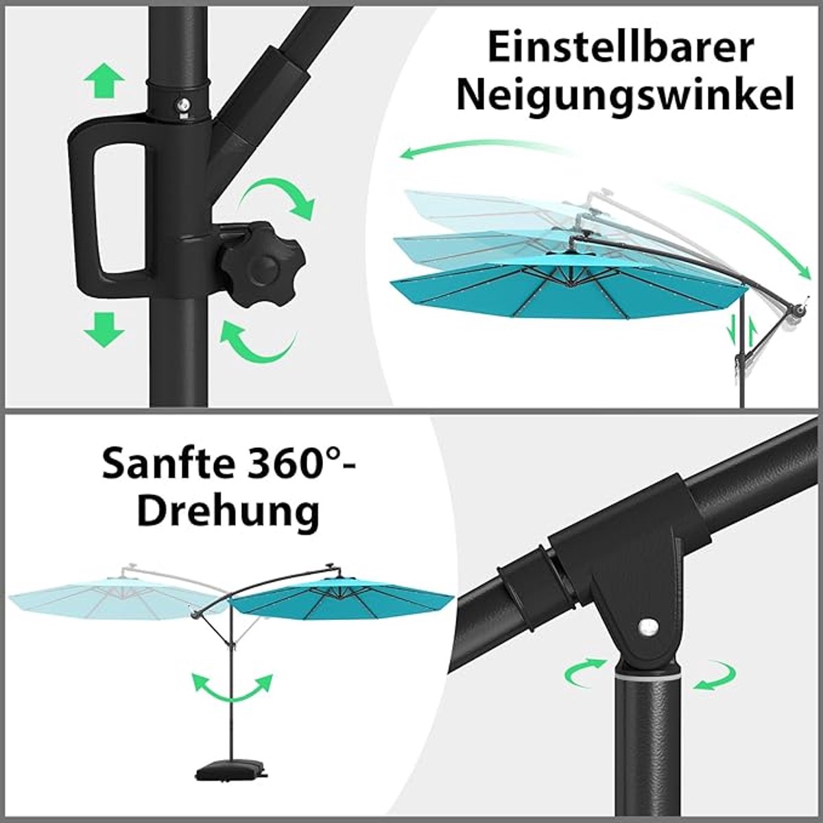 Zweefparasol 300 cm met LED - Bellavero Premium Hangparasol met 32 Solar LED Lampen, Traploos Kantelbaar & 360° Draaibaar, Zwengelbediening, Kruisvoet, UV-bescherming - Luxe Tuinparasol voor Terras... (9502752158363)