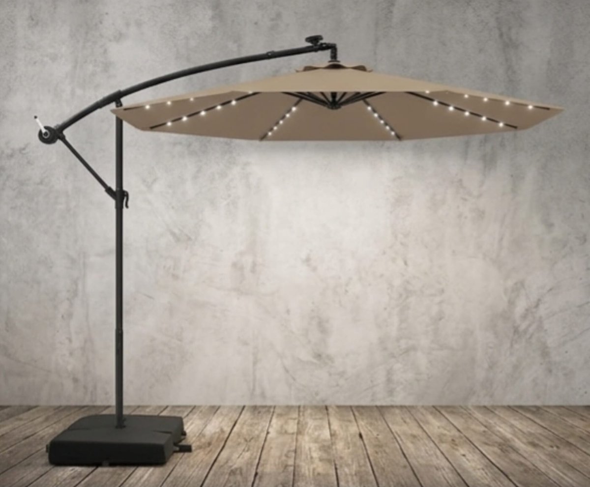 Zweefparasol 300 cm met LED Verlichting, Kantelbaar & 360° Draaibaar met Zwenkarm en Zandzakken, UV-Bescherming Tuinparasol voor Terras, Balkon en Zwembad, Bruin - NoviHome (9502212274220)