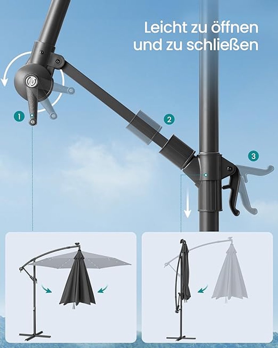Zweefparasol 300 cm met LED Verlichting op Zonne-energie - Luxe Hangparasol met Voet, Kantelbaar en Zwengel - UV50+ Terrasparasol voor Balkon, Tuin & Horeca - Grijs - Nicolehome (9501215571749)