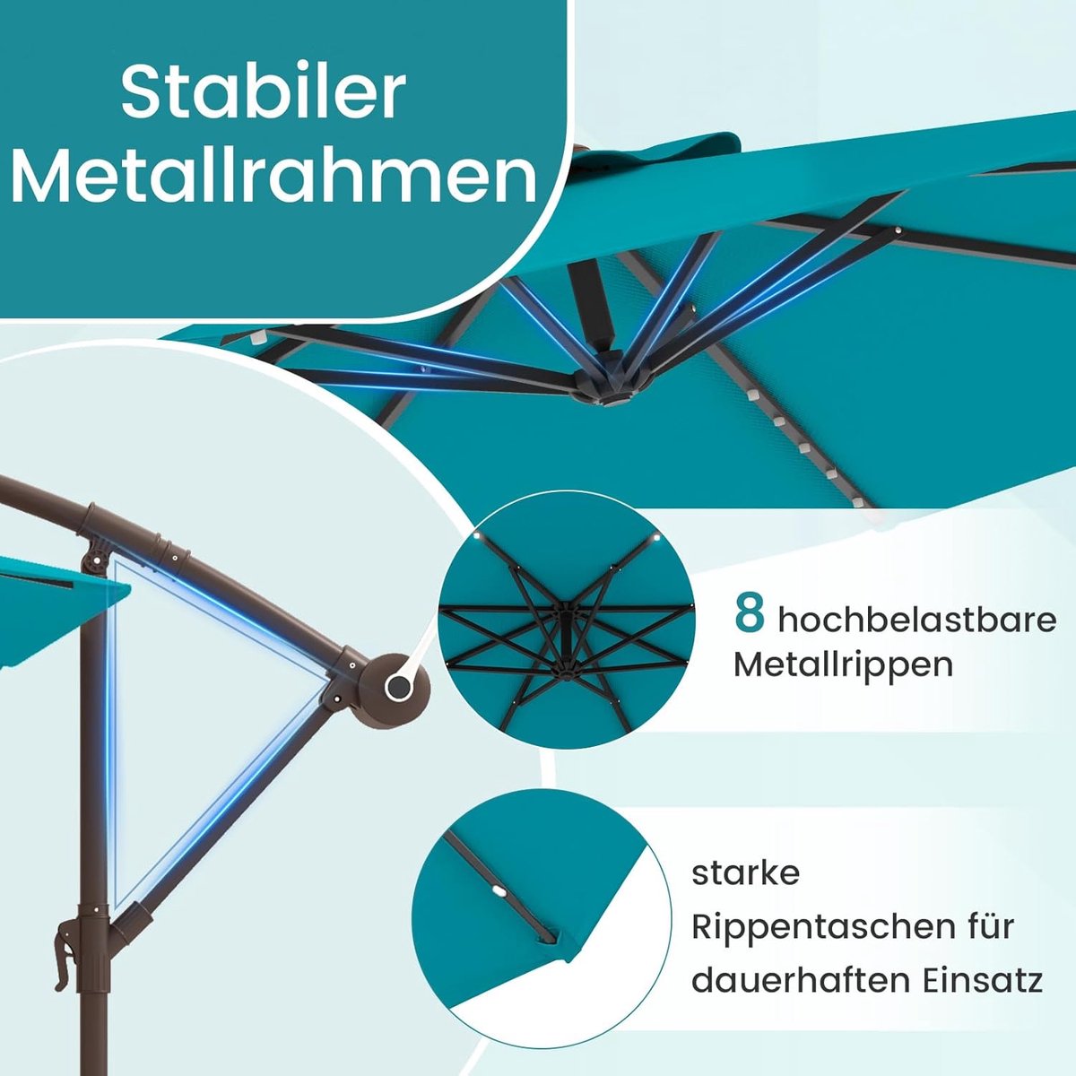 Zweefparasol 300 cm met LED verlichting & zonnepaneel - Kantelbare Hangparasol met Zwenkarm, Inclusief Standaard en Zandzakken, UV-bescherming, Waterafstotend, Achthoekig Tuinscherm Turquoise - Nicolehome (9507294166456)