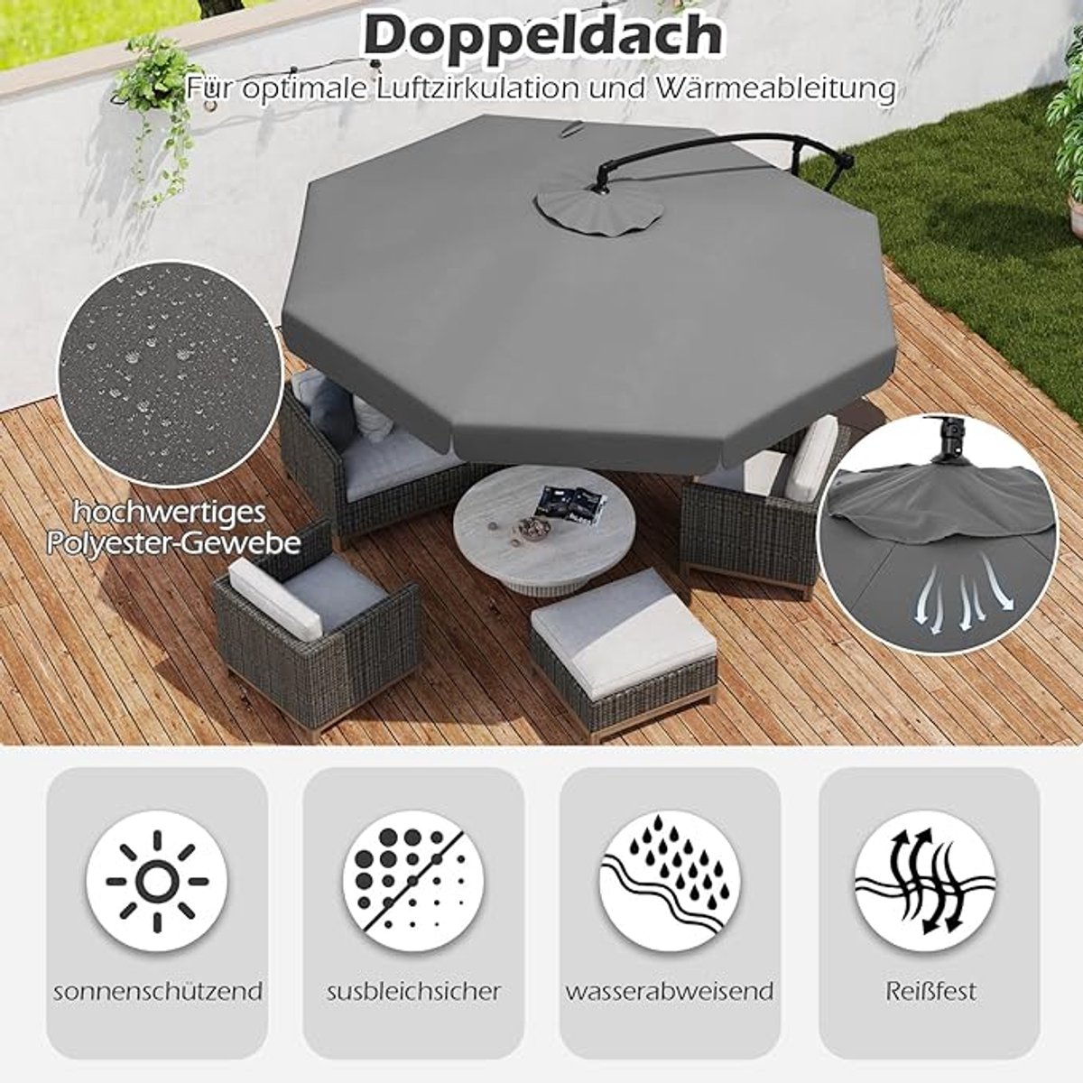 Zweefparasol 300 cm x 250 cm - Cantilever Tuinparasol met Beschermhoes, Dubbel Dubbellaags Dak, Kantelbaar 0-35°, Zwengelbediening, 8 Sterke Metalen Ribben, Metaal Frame - Mobili Bella (9501451231810)