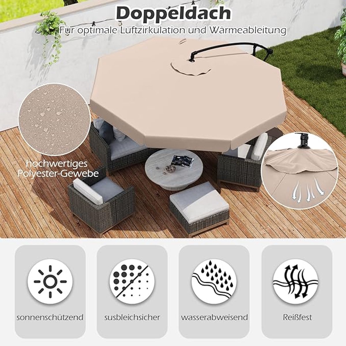 Zweefparasol 300x250 cm Hangparasol met Kantelbare 0-35° Verstelling, Zwengelbediening, 8 Ribben, Inclusief Waterdichte Beschermhoes - Tuinparasol voor Terras, Tuin en Zwembad - Mobili Bella (9505548656814)