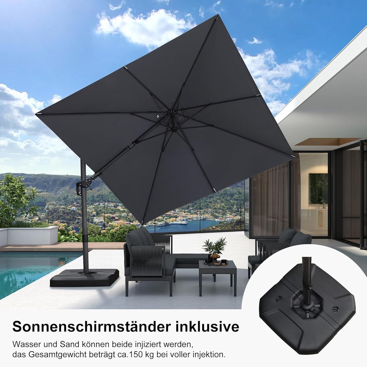Zweefparasol 300x300 cm 360° Draaibaar Kantelbaar met Voet en Zwengel - UV50+ Waterafstotend Aluminium Tuinparasol Lichtgrijs - Laura (9503525691599)