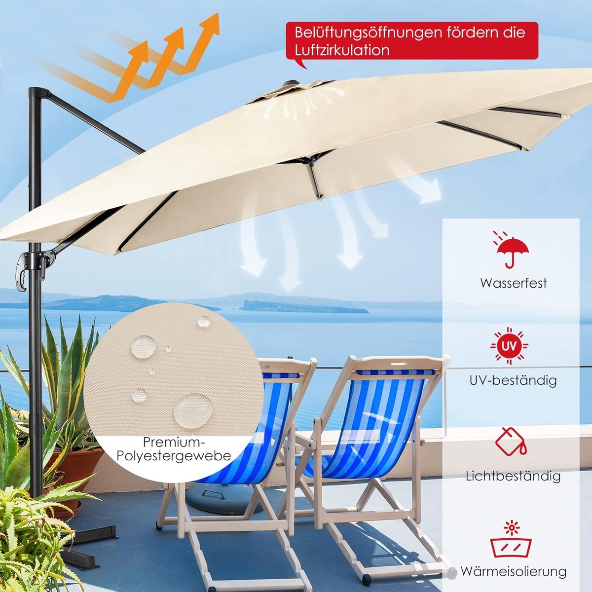 Zweefparasol 300x300 cm Vierkant - 360° Draaibaar Kantelbaar met Zwenkarm en Zwengel - UV50+ Waterafstotend Windbestendig - Grote Luxe Terrasparasol Beige - Nicolehome (9505374587382)