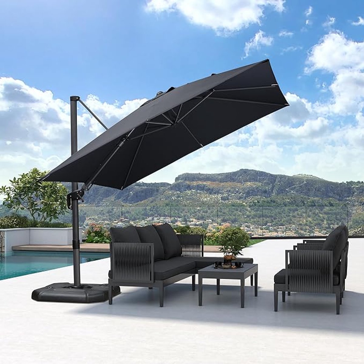 Zweefparasol 300x300 cm Vierkant 360° Draaibaar & Kantelbaar - Aluminium Frame - UV50+ Waterafstotend - Grote Tuinparasol met Zwenkarm en Handslinger - Grijs - Laura (9507215627479)