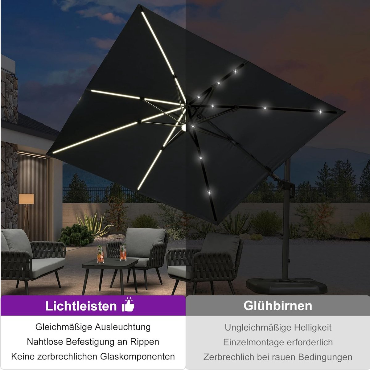Zweefparasol 300x300 cm met LED Verlichting - 360° Draaibaar, Aluminium Tuinparasol met Zonnepaneel, UV-bestendig & Waterafstotend, Vierkant Grijs - Laura (9501814847214)