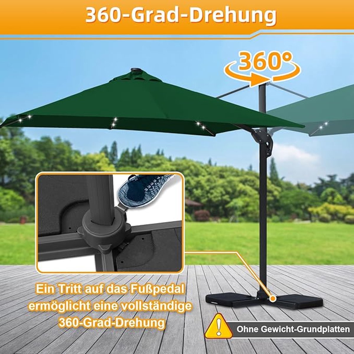 Zweefparasol 300x300 cm met LED Verlichting - 360° Draaibaar met Voetpedaal, 4-Standen Kantelbaar, UV50+ Waterdicht, Inclusief Slingerbediening - Groene Luxe Tuinparasol voor Terras, Balkon & Zwembad - Nicolehome (9509675854822)