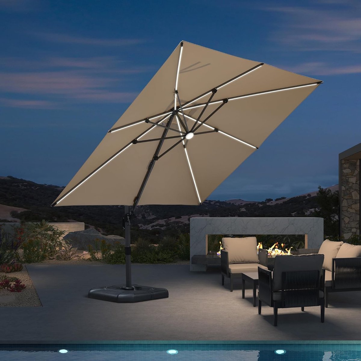 Zweefparasol 300x300 cm met LED Verlichting & 360° Draaibaar - Aluminium Tuinparasol UV50+ Waterafstotend Vierkant Beige - Luxe Hangparasol voor Terras & Tuin - Laura (9507799565730)