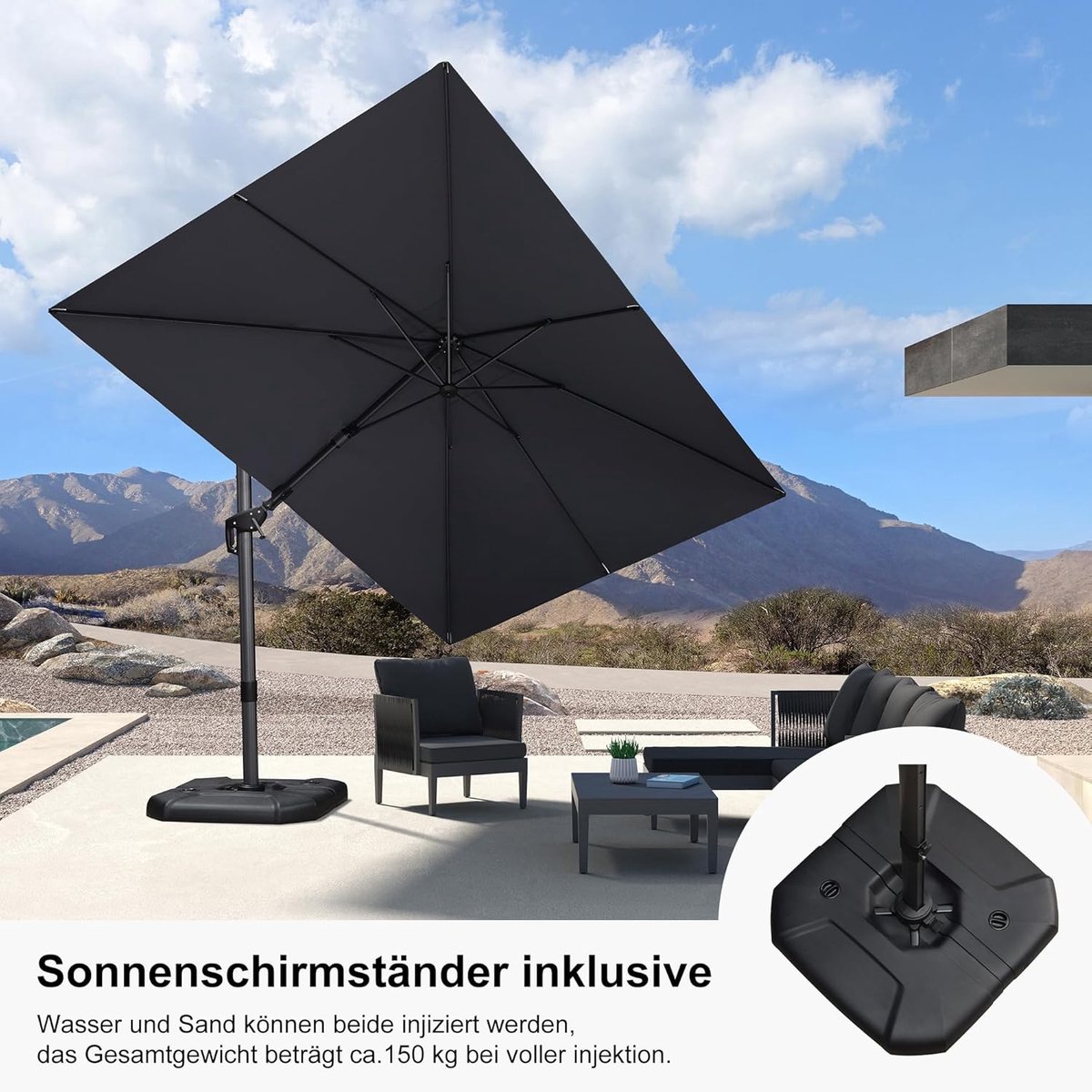 Zweefparasol 300x300 cm met LED Verlichting & Zonnepaneel - 360° Draaibaar, Kantelbaar, Aluminium Frame, UV50+ & Waterafstotend, Luxe Tuinparasol Vierkant Grijs - Laura (9506521243182)
