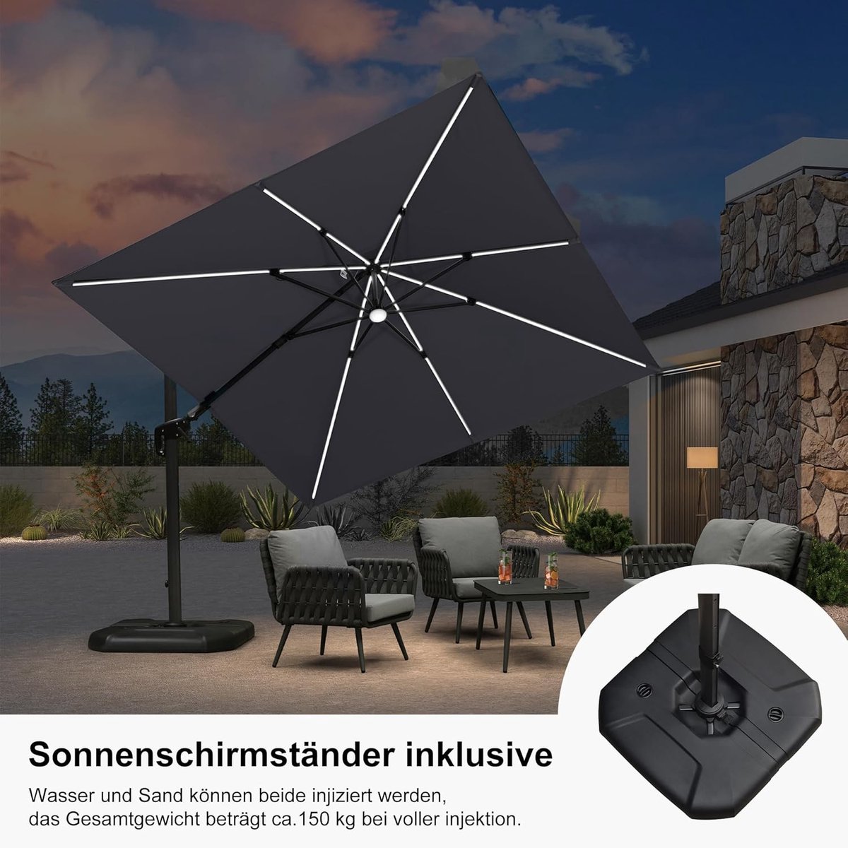 Zweefparasol 300x300 cm met LED verlichting, 360° draaibaar & kantelbaar - Aluminium frame, UV-bestendig, waterafstotend, inclusief parasolvoet - Lichtgrijs | Laura (9503767628537)