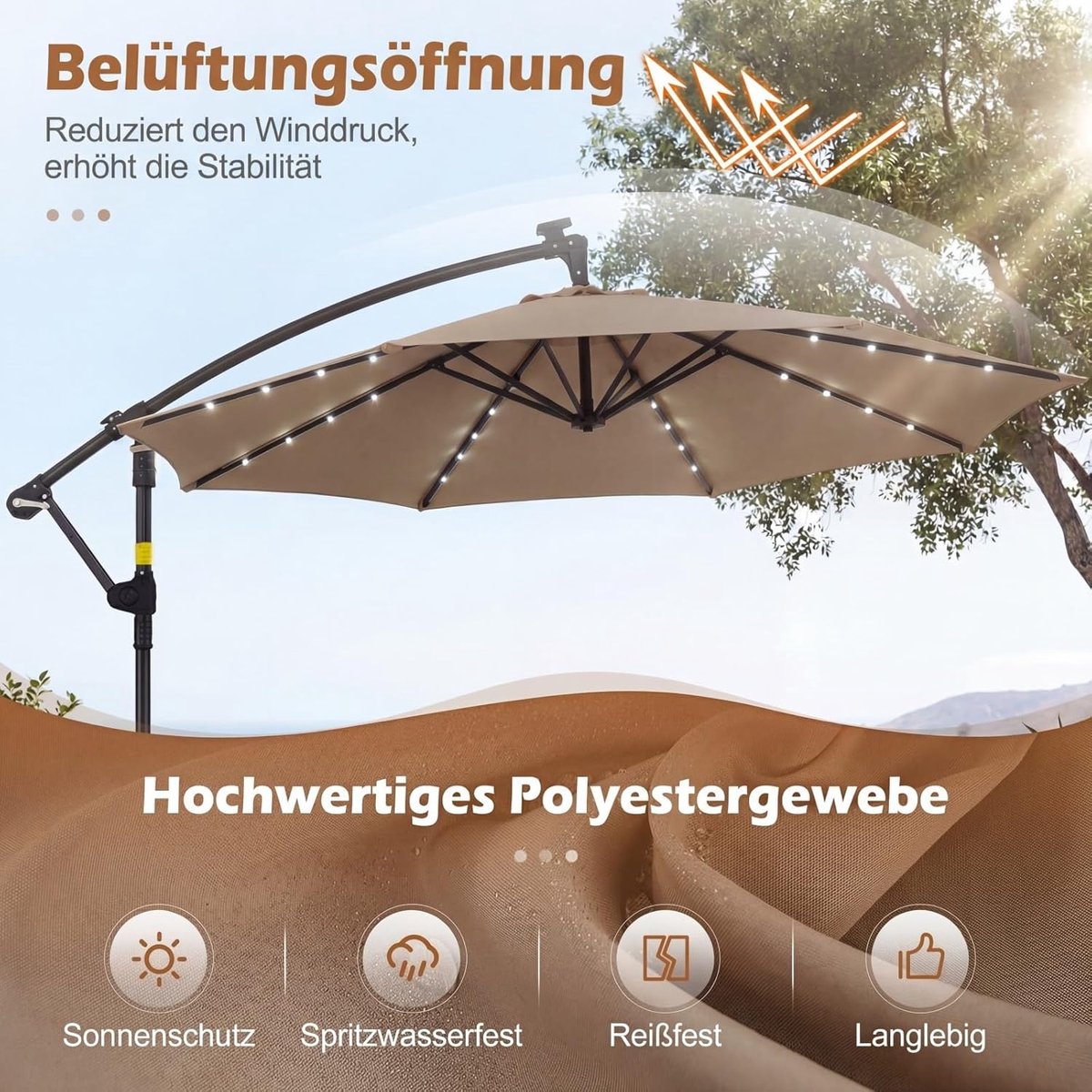 Zweefparasol 300x300 cm met LED verlichting en voet - 360° draaibare tuinparasol met kantelfunctie en solar verlichting - Luxe parasol voor tuin, terras en balkon - Bruin - Nicolehome (9509113557339)