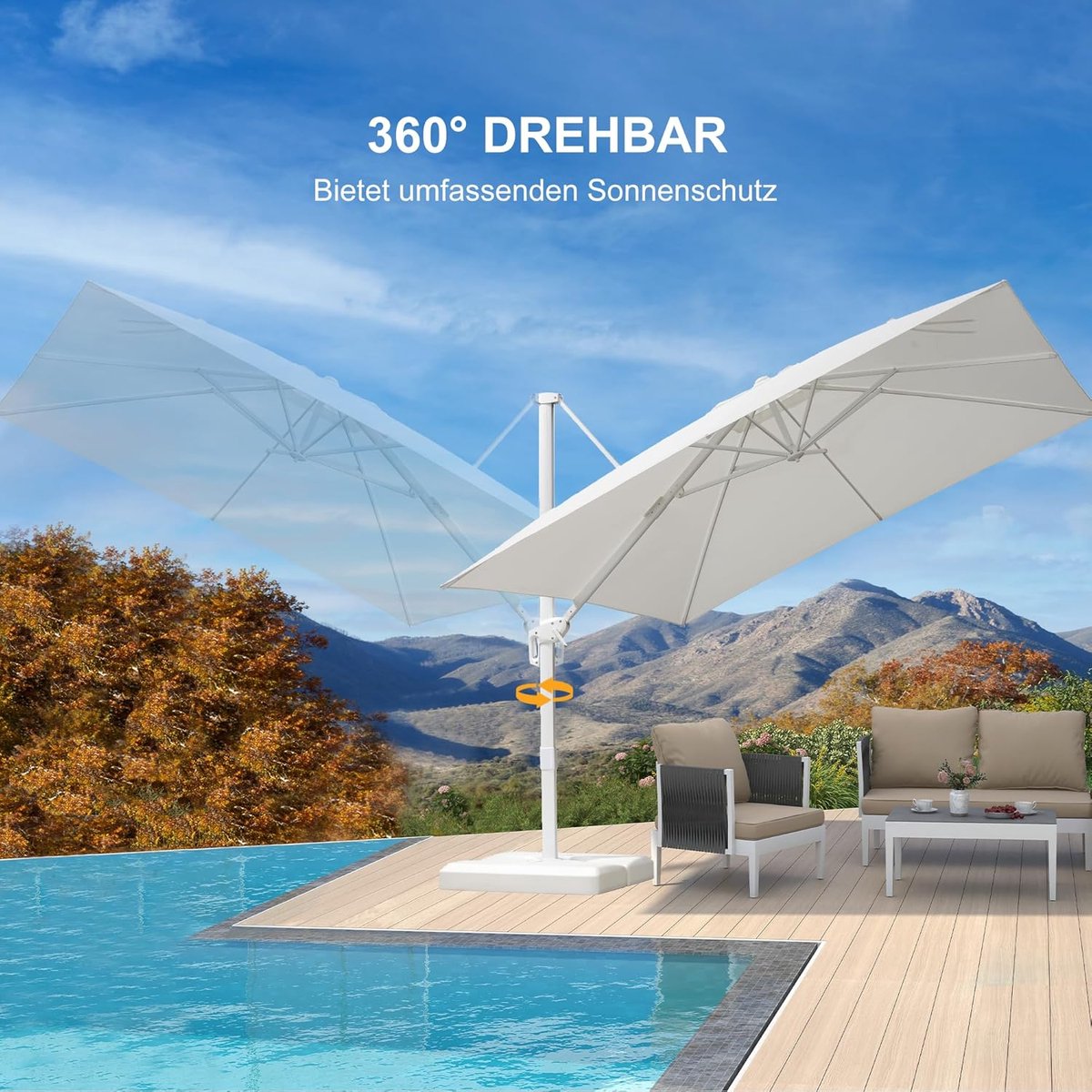 Zweefparasol 300x300 cm met Standaard, 360° Draaibaar, Kantelbaar, UV-bestendig & Waterdicht Aluminium Frame - Luxe Vierkante Parasol voor Tuin, Terras en Balkon - Wit - Laura (9505843391670)