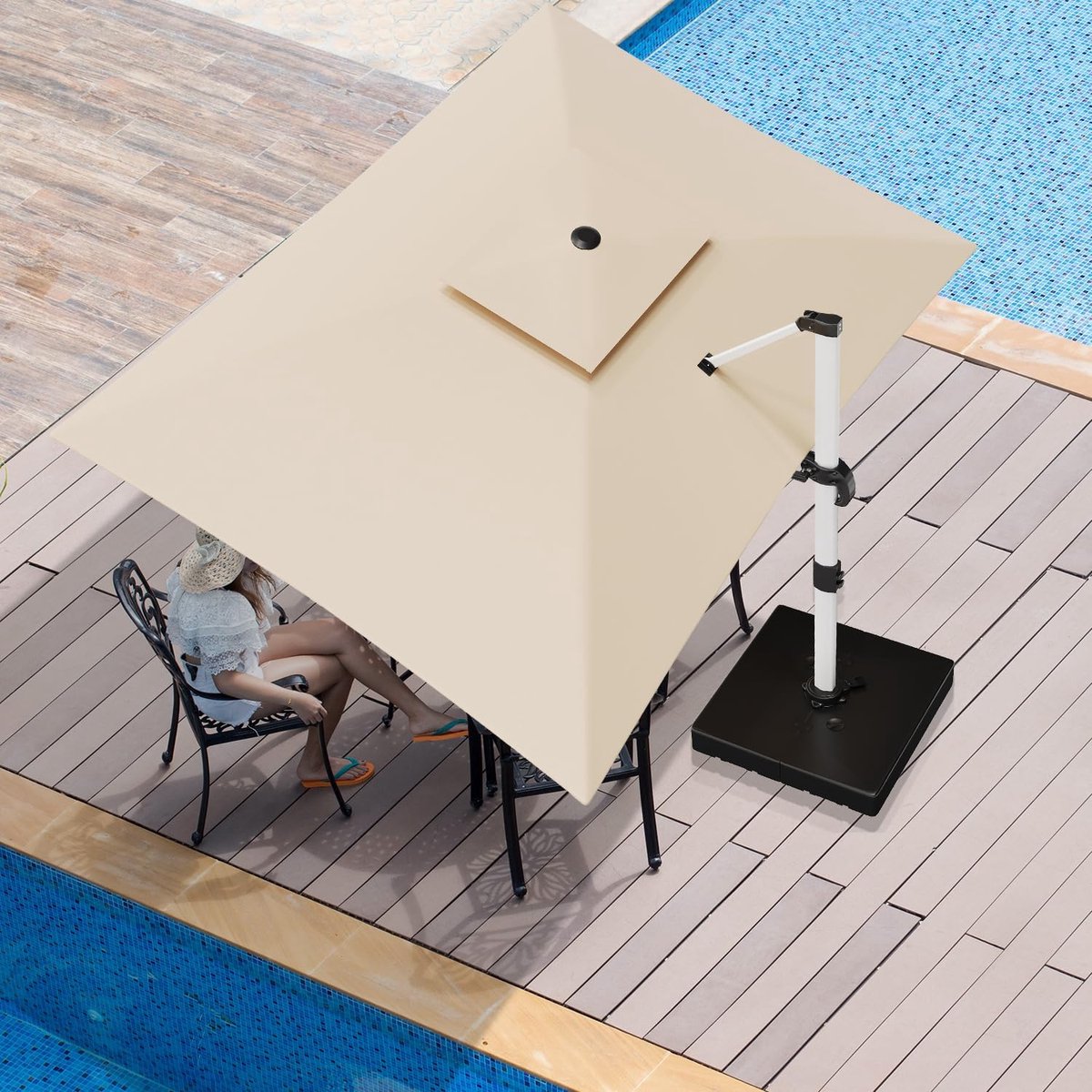 Zweefparasol 300x400 cm XXL - 360° Draaibaar, Kantelbaar, UV50+ Zonwering, Waterafstotend, Aluminium Frame met Beschermhoes - Beige Dubbele Luifel - Laura (9504642916848)