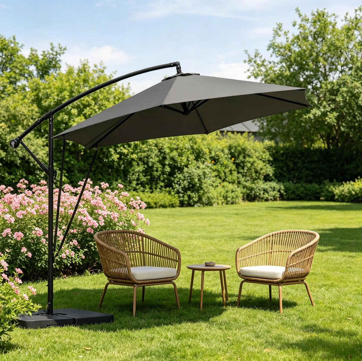 Zweefparasol 310 x 310 cm Met Knikfunctie En Kurbelmechanisme Metaal En Polyester Donkergrijs Voor Tuin Terras En Zwembad (4071298342109)