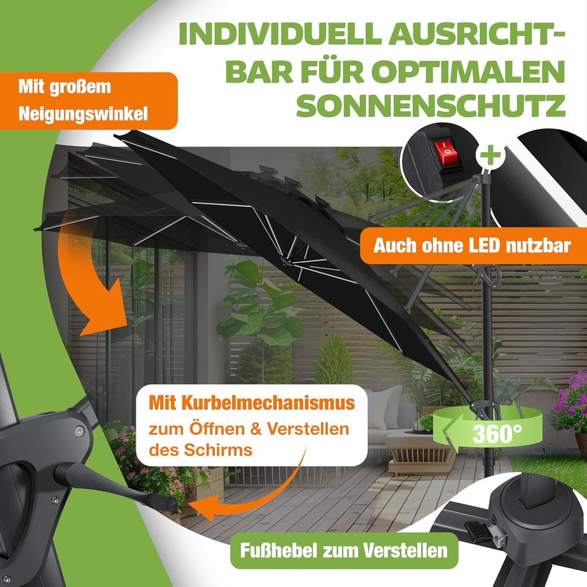 Zweefparasol 330 cm Rond LED Solar 360° Draaibaar 7-Voudig Kantelbaar Aluminium Frame UV-Bescherming Waterafstotend Inclusief Hoes & Windbeveiliging - Mobili Bella (9505327556533)