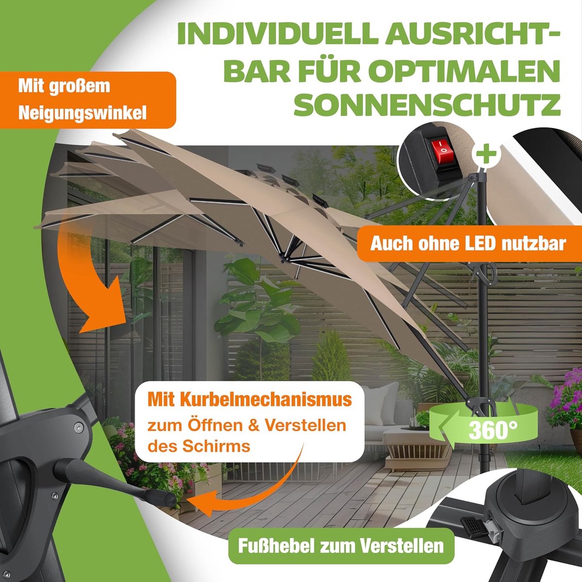 Zweefparasol 330 cm Vierkant - 360° Draaibaar & Kantelbaar met Zwengel - UV50+ Waterafstotend Polyester - Inclusief Hoes & Windkabels - Tuinparasol 330x258 cm - Mobili Bella (9507983978667)