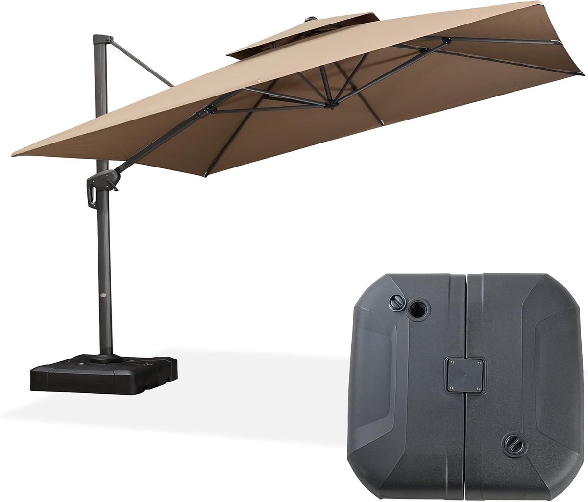Zweefparasol 365x365 cm XXL Vierkant - 360° Draaibaar, Kantelbaar, Inclusief Parasolvoet, UV50+ Bescherming, Waterafstotend, Dubbel Dak, Aluminium Frame - Beige - Abkantoor (9502617214692)