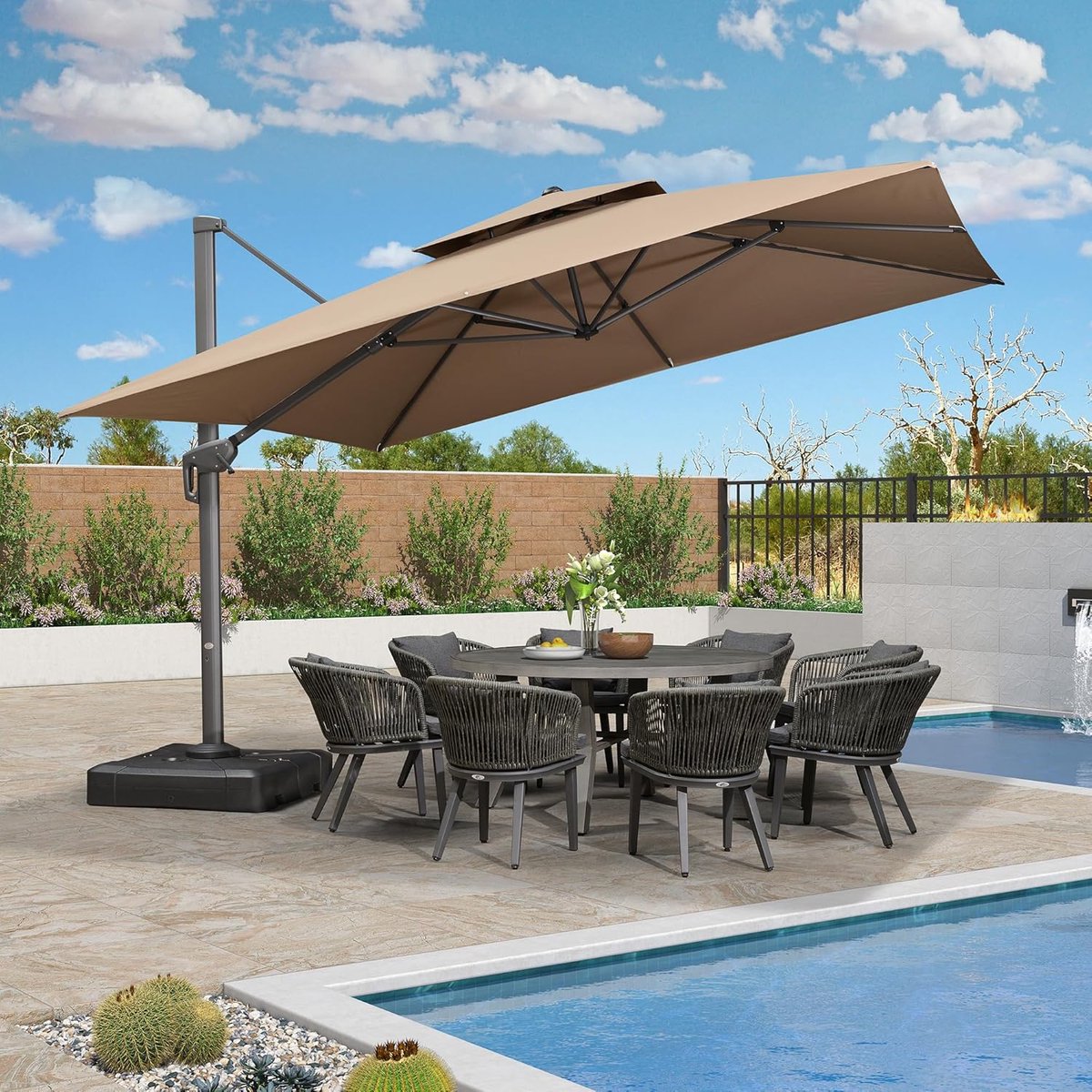 Zweefparasol 365x365 cm XXL Vierkant - 360° Draaibaar, Kantelbaar, Inclusief Parasolvoet, UV50+ Bescherming, Waterafstotend, Dubbel Dak, Aluminium Frame - Beige - Abkantoor (9507471394542)