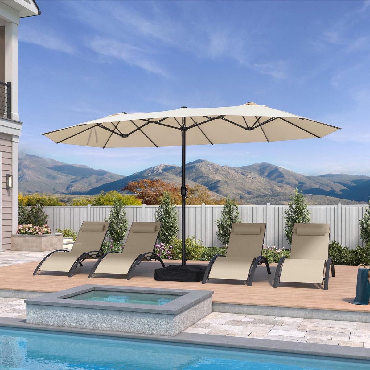 Zweefparasol 425x245 cm Rechthoekig XL - UV-bestendig, Aluminium Frame, Inclusief Parasolvoet & Zandzakken, Kantelbaar met Slingermechanisme - Beige | Mobili Bella (9501623897479)