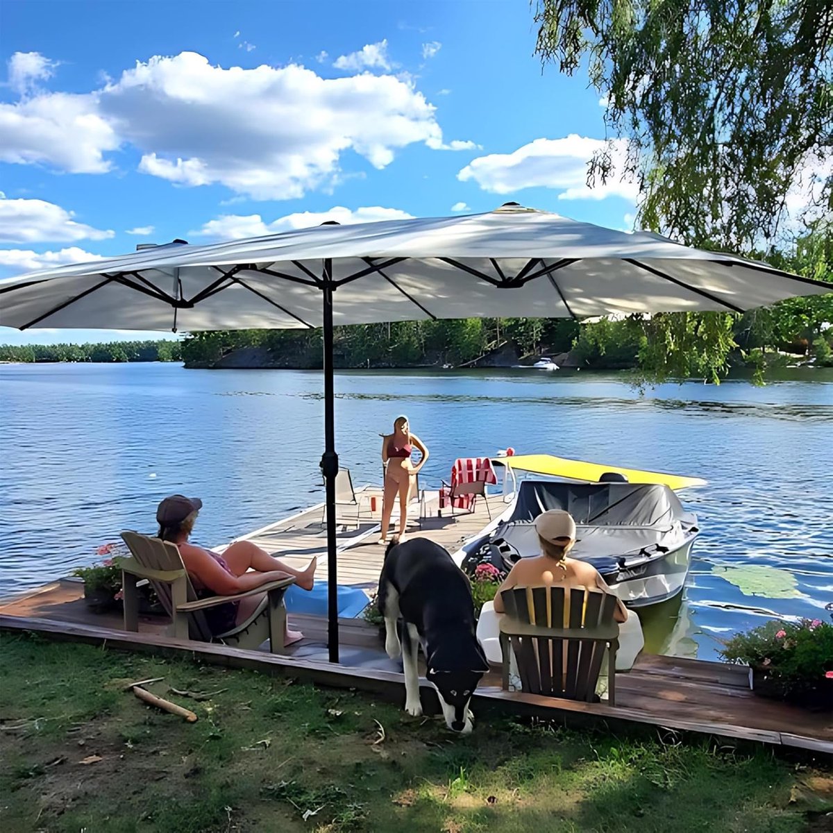 Zweefparasol 455x270 cm XL Rechthoekig - UV-bestendig Tuinparasol met Slingermechanisme, Aluminium Frame, Inclusief Parasolvoet & Zandzakken - Crème - Mobili Bella (9506269998658)