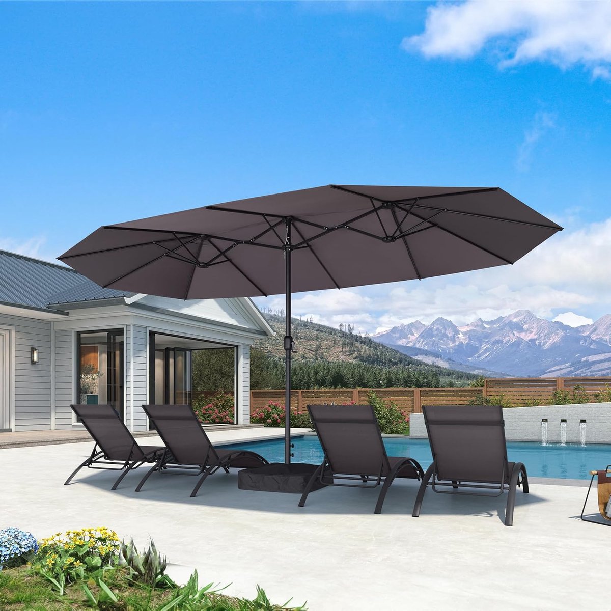 Zweefparasol 455x270 cm XXL Rechthoekig - UV-bestendig Polyester 180 g/m² - Aluminium Frame Ø4,8 cm - Slingermechanisme - Inclusief Parasolvoet & Zandzakken - Grijs - Mobili Bella (9504749761242)