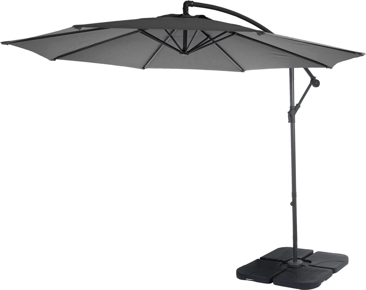 Zweefparasol Acerra, parasol zonwering, Ø 3 m kantelbaar, polyester/staal 11 kg ~ grijs met standaard (4057651290331)