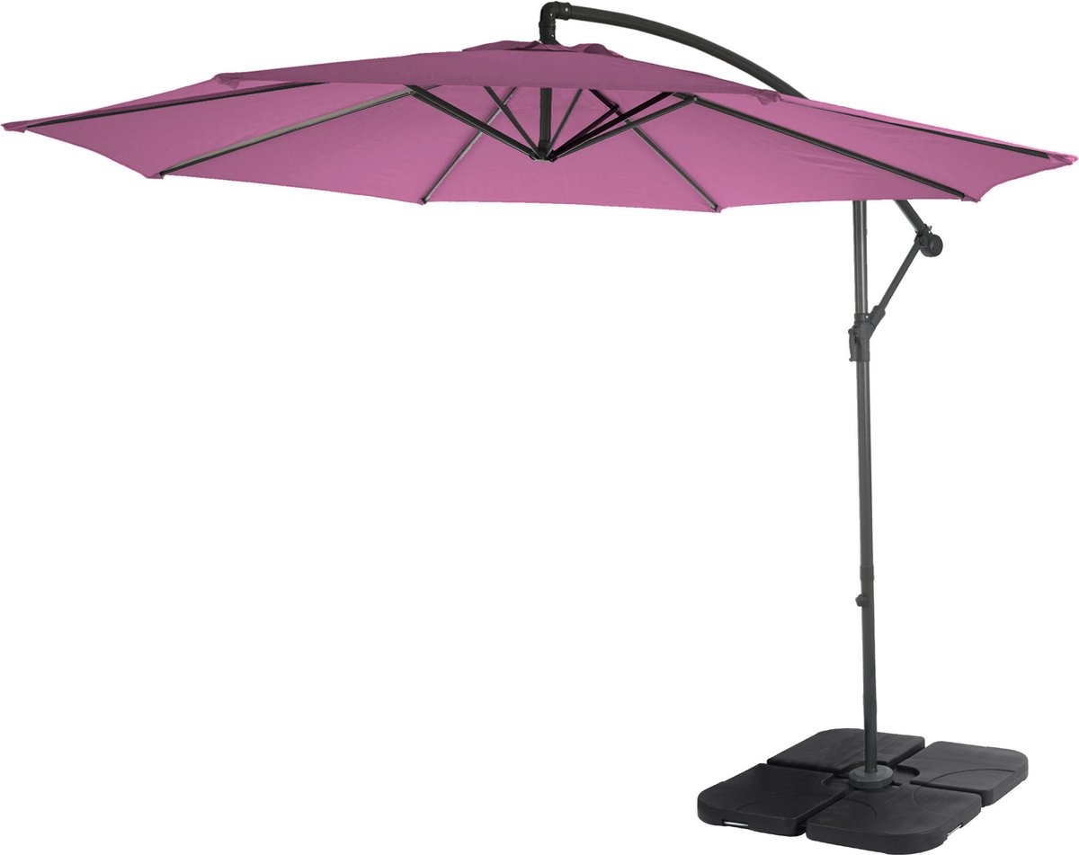 Zweefparasol Acerra, parasol zonwering, Ø 3 m kantelbaar, polyester/staal 11 kg ~ lavendelrood met standaard (4057651372976)