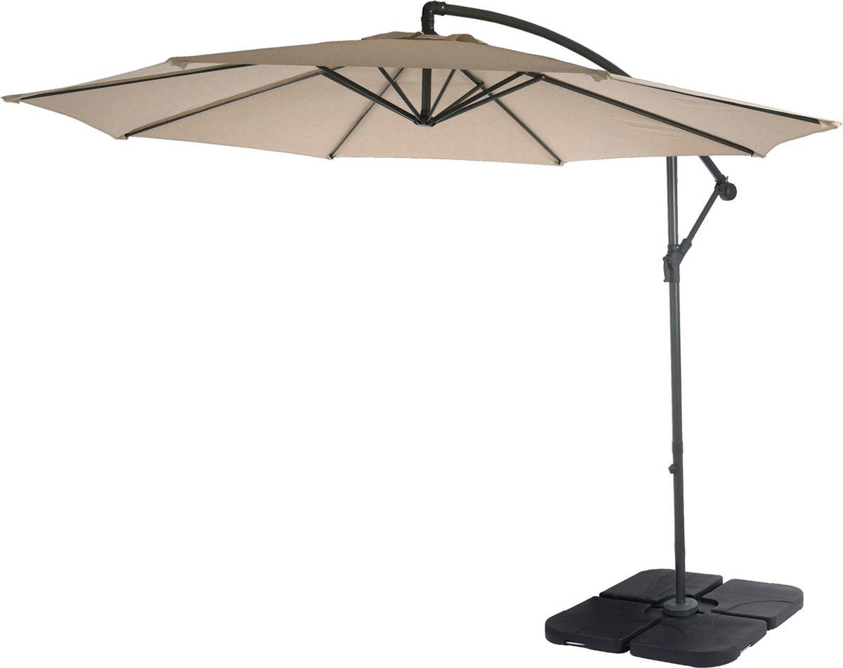 Zweefparasol Acerra, parasol zonwering, Ø 3 m kantelbaar, polyester/staal 11 kg ~ zandbeige met standaard (4057651372877)