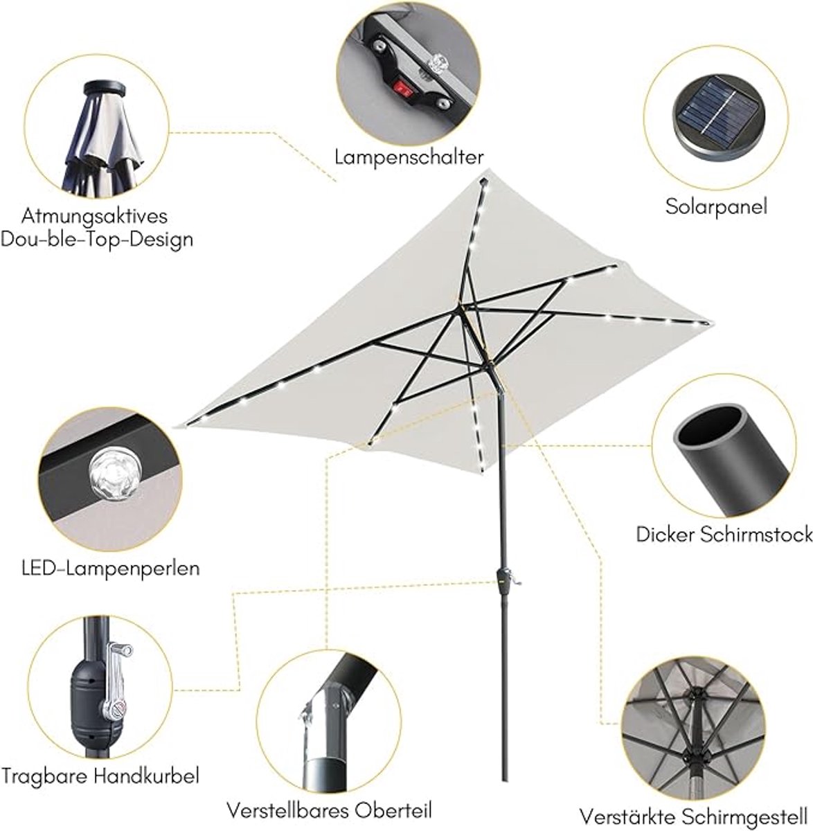 Zweefparasol Bellavero Taupe 300 cm met LED-verlichting op Zonne-energie, 32 LED-lampjes, UV-bescherming UPF 50+, Met Standaard en Zwengel, Waterafstotend, Achthoekig, Modern Design voor Terras, Pa... (9501673332234)